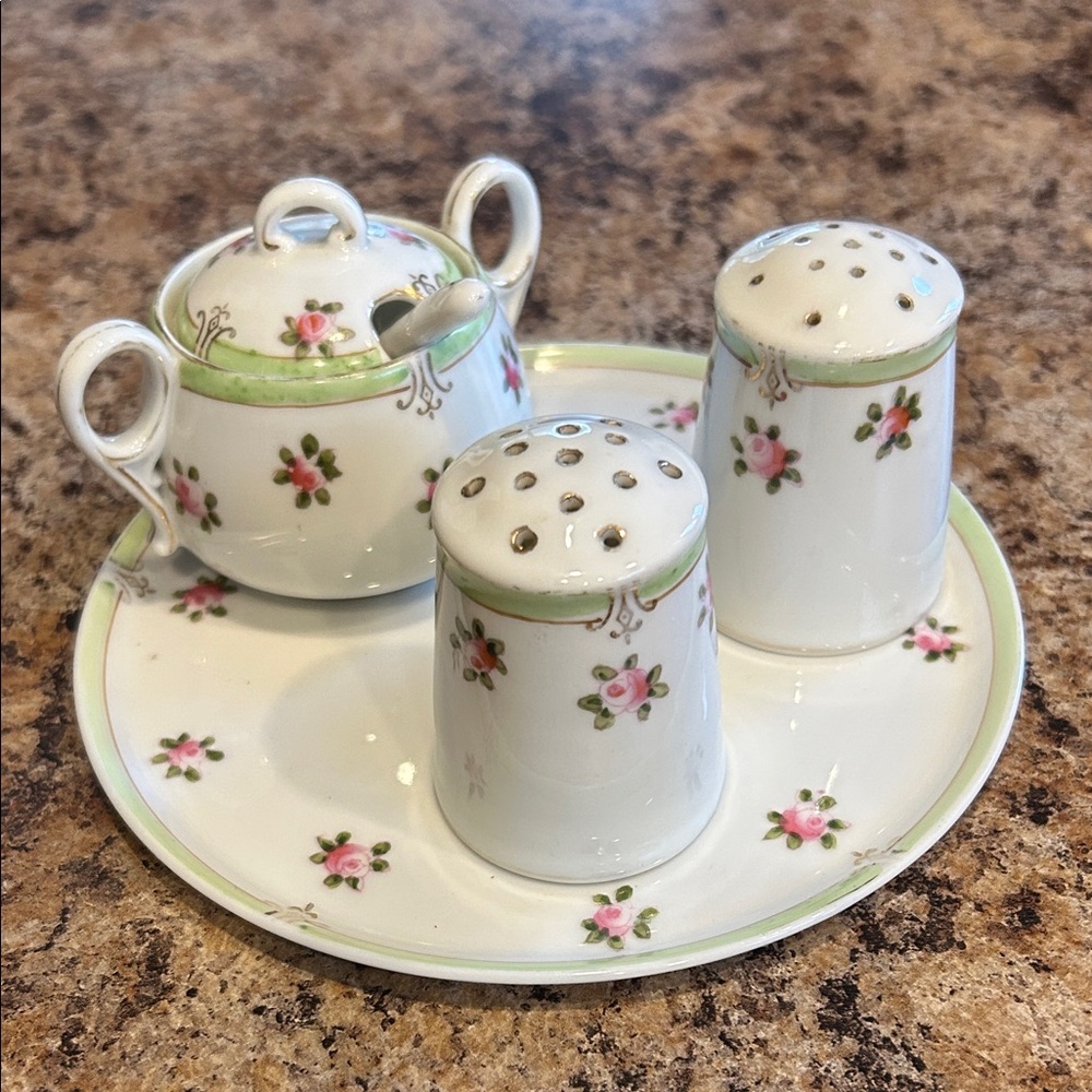 Antique Nippon hand painted Ceramic Salt and Pepper and Mustard Pot with tray